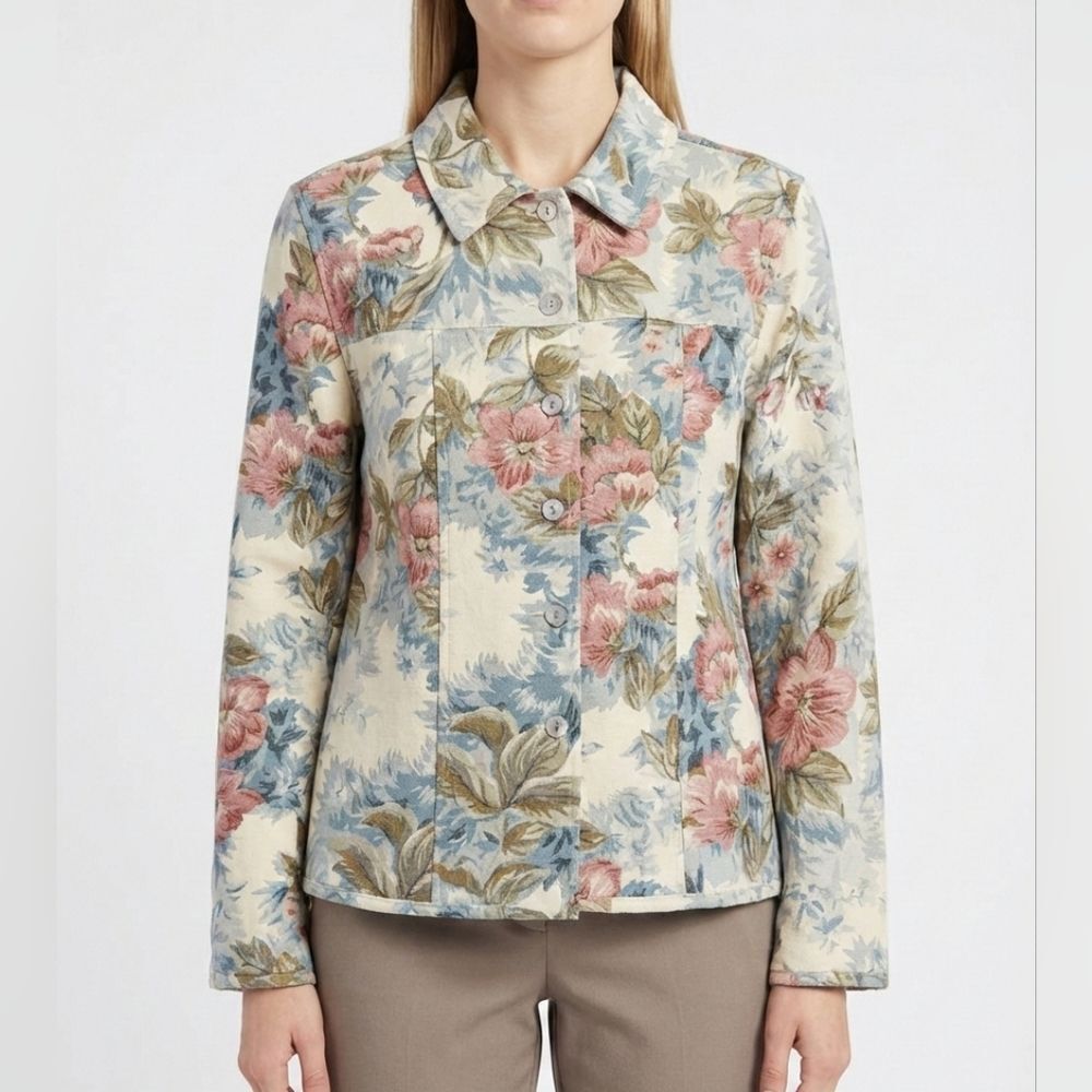 Coldwater Creek Floral Tapestry Jacket S Brocade Cottagecore Shacket 100% Cotton